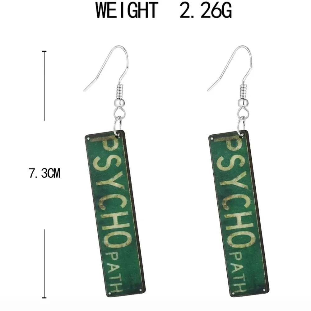 Green 'PSYCHO PATH' Horror Funny Graphic Wood Rectangular Dangle  Earrings New!